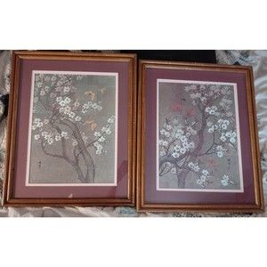 Vintage Oriental Cherry Blossom Butterfly Lithos by Bernard Framed Picture 10x6